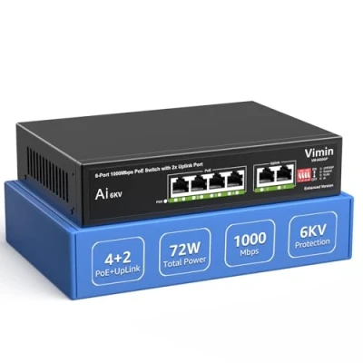 Immagine di Switch Gigabit PoE a 6 Porte con 4 PoE, VIMIN di Rete Non Gestito 10/100/1000Mbps 2 Uplink, AI Watchdog, VLAN, Estensione 250m, Supporta IEEE802.3af/at