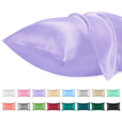 Immagine di Lirex Set di 2 Federe in Raso, Decorativi Morbido Tinta Unita Quadrate Cuscini Federa Satin per Cuscino Senza Rughe Resistente Allo Sbiadimento Traspirante (Viola Chiaro, 50 x 90 cm)