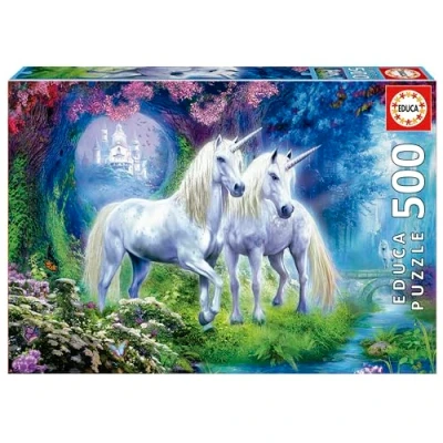 Immagine di Educa Puzzle Da 500 Pezzi per adulti e bambini Dei unicorni nella foresta. perfettamente finiti sicuri i bambini. Misura 48 x 34 cm. Include colla fix Puzzle. 11 anni (17648)