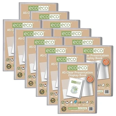 Immagine di eco Eco127 x 12 Cartellina portadocumenti trasparente, formato A5, 50% riciclata, 20 tasche, con buste in plastica, confezione da