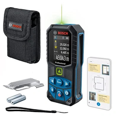 Immagine di Bosch Professional Distanziometro laser GLM 50 27 CG + Gancio cintura (laser verde, campo misura: 50m max, robusto, IP65, trasf. bluetooth, 2 batterie AA, tracolla, sacchetto) Amazon Exclusive Set