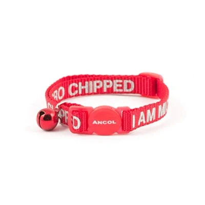 Immagine di Ancol, Collare per Gatti con Microchip, Scritta in Lingua Inglese “I am microchipped, Fibbia di Sicurezza, Rosso