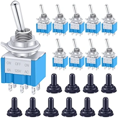 Immagine di Taiss 10 pezzi Mini Interruttore a levetta ON OFF 3 Posizioni 6 Pin DPDT Metallo Bilanciere 6A 125V AC Blu con Cappuccio Impermeabile per Automobile,casa MTS 203 MZ