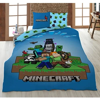 Immagine di AYMAX Minecraft Ready to Survive Set di biancheria da letto per bambini, 135 x 200 cm, copripiumino e federa 80 in microfibra