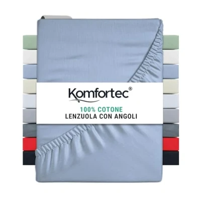 Immagine di Komfortec Lenzuolo con angoli elasticizzati, 180 x 200 cm, 100% cotone, azzurro