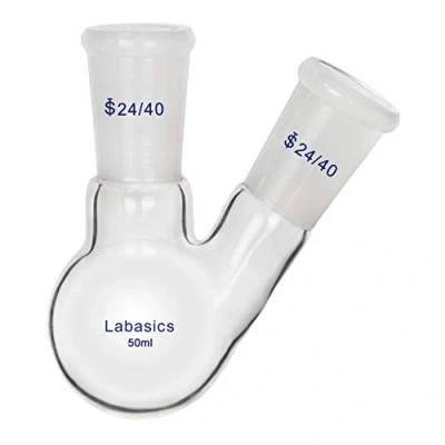 Immagine di Labasics 50ml RBF Pallone Vetro Laboratorio a 2 Angolato Colli, Neck Round Bottom Flask con Giunto Esterno Conico Standard 24/40