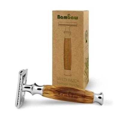 Immagine di rasoio di sicurezza a doppio bordo con manico lungo in bambù naturale, legno, ecologico, per uomini o donne, sostenibile e durevole,