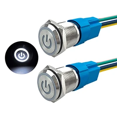 Immagine di Aiqeer 2 Pezzi 16 mm Interruttore a Pulsante Autobloccante, 12V / 24V 5A di Accensione per Auto, in Metallo con Presa Precablata (LED Bianco)