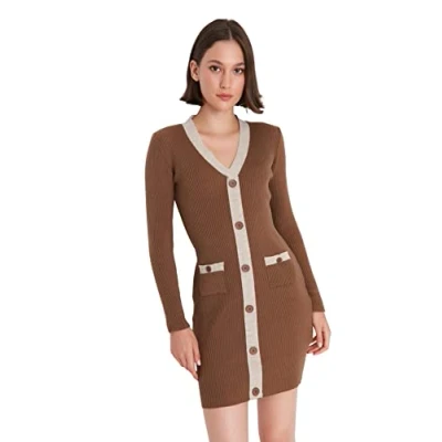 Immagine di Trendyol Abito da Donna Aderente con Scollo a V Vestito, Marrone