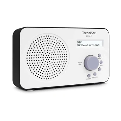 Immagine di TechniSat VIOLA 2 Radio DAB portatile (DAB+, VHF, Altoparlante, Ingresso per cuffie, Display a righe, Pulsante di controllo, Compatta, 1 Watt RMS), Bianco/Nero