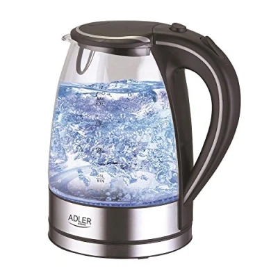 Immagine di Adler AD1225 Bollitore in vetro e acciaio inox con LED blu integrato 1,7 litri di capacità Potente 2000 Watt Té automatica elettrico design arresto automatico