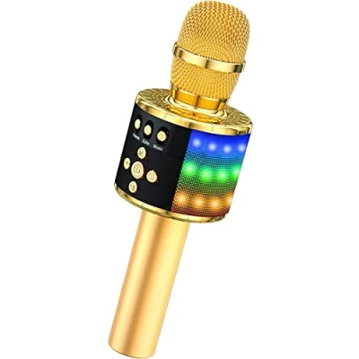 Immagine di BONAOK Microfono Karaoke Bluetooth Senza Fili, Microfoni Wireless con Altoparlante, Player Luci per partito compleanno regalo Compatibile Android iOS PC(Oro chiaro)