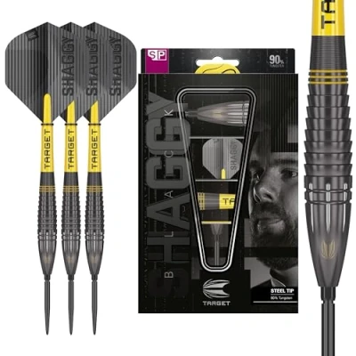 Immagine di Target Darts Scott Williams Nero out 90% Set di Freccette con Punta in Acciaio al tungsteno 23g Dart Set, Swiss Point Darts, SP Tool Included, Player Edition Shaggy