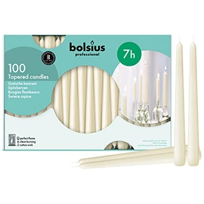 Immagine di Bolsius Candele a Stelo Coniche Set di 100 Pezzi Colore Avorio Durata fino 7 Ore Candela Cera Inodore Dimensione Singola: altezza 24 cm diametro 2.3