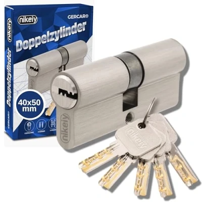 Immagine di GERCAR Pro Cilindro profilato 40/50 massiccio, a doppio cilindro, in ottone nichelato, con 5 chiavi, chiavi reversibili, lunghezza: 90 mm, A: 40 larghezza: 50 1