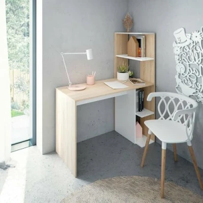 Immagine di Dmora Scrivania Pittston, Scrittoio lineare con libreria, Tavolo Ufficio Multiuso salvaspazio, 110x52h136 cm, Bianco e Rovere