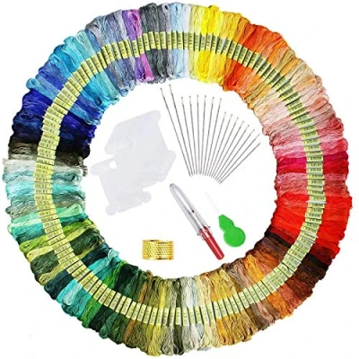 Immagine di elloLife 150 matasse di filo da ricamo, colori casuali, in cotone, kit per la creazione braccialetti con 12 bobine, organizer principianti e adulti, progetti lavoro a maglia punto