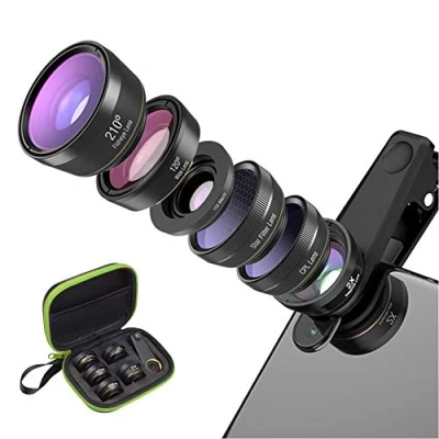Immagine di 6 in 1 Obiettivo fisheye portatile 210 + filtro stella grandangolare 120 Teleobiettivo zoom 2X macro 15X Kit lente CPL con clip per cellulare