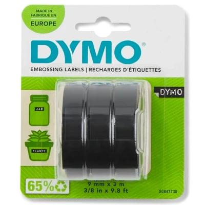 Immagine di DYMO 3D Nastro Etichette a rilievo Autoadesive Rotoli da 9 mm x 3 m stampa bianca su nero Per Omega e Junior etichettatrice Confezione