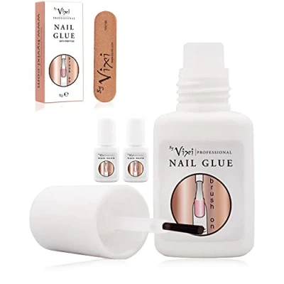 Immagine di 8ml x3 By Vixi EXTRA STRONG NAIL GLUE with BRUSH and FREE PREP FILE Clear Instant Dry Adhesive, Professional Salon Quality