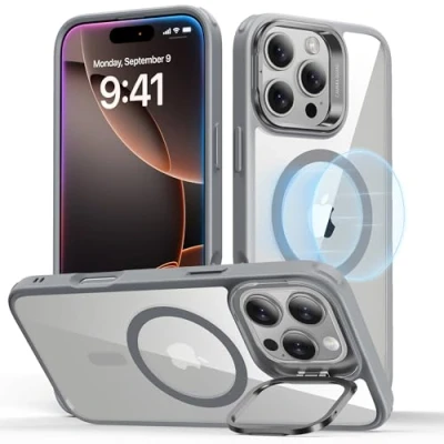 Immagine di ESR Cover per iPhone 16 Pro Max con Cavalletto, Magsafe Custodia Halolock, Protezione di livello militare, Supporto ad anello la fotocamera integrato,Grigio Trasparente