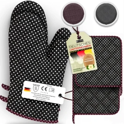 Immagine di LEFUNDA® Set di 4 Guanti da Forno e Presine, Cotone, Resistenti al Calore, Griglia, per Cuocere Antiscivolo, Presine in Cotone Arrostire, Cucinare, BBQ, Morbida (Nero)