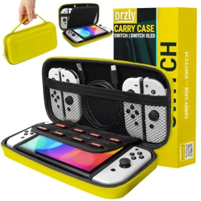 Immagine di Custodia da trasporto Orzly compatibile con Nintendo Switch e New Console OLED gialla protettiva viaggio portatile rigida a conchiglia tasche per accessori giochi