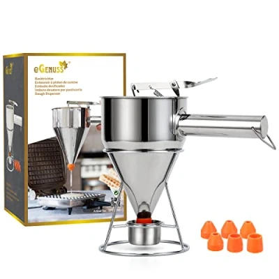 Immagine di eGenuss imbuto cucina dosatore per pastella e impasti frittelle strauben pancake 1220ml con manico rimovibile Acciaio Inox 18/8 inclusi 7 beccucci, 1 piedistallo custodia