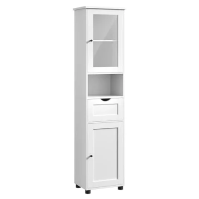 Immagine di VASAGLE Mobile da Bagno Salvaspazio, a Colonna, Alto, Ripiano Aperto, Anta in Vetro, Mobiletto con Piedini, Ripiani Regolabili Altezza, Bianco Nuvola BBK163W01