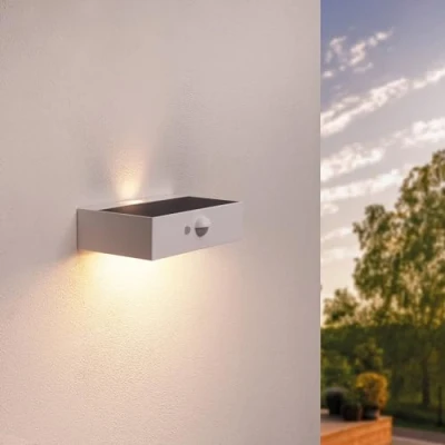 Immagine di Ledvion Moderna lampada da parete solare con sensore di movimento, bianco, 3 W, 3000 K, IP65 impermeabile e 220 lumen, rilevamento del movimento interruttore crepuscolare, risparmio energetico