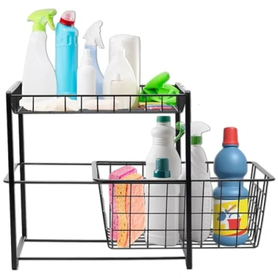 Immagine di EsiaNest Organizer Sottolavello Cucina Nero con 2 Ripiani di cui un Cestello Estraibile Salvaspazio per Detersivi e Accessori