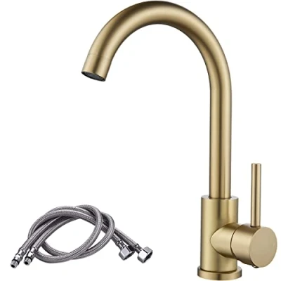Immagine di Rubinetto da Cucina, F DEEN Girevole a 360 per Lavello Cucina in Ottone e Acciaio Inox, Fredda Calda Oro Spazzolato
