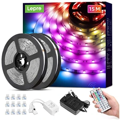 Immagine di Lepro Striscia LED RGB 15 Metri, Luci SMD 5050, 20 Colori Dimmerabili, 12V Strisce Colorati Autoadesiva con Telecomando a 44 Tasti, Nastro Flessibile per Casa, Festa, Bar, TV (2x7.5M)