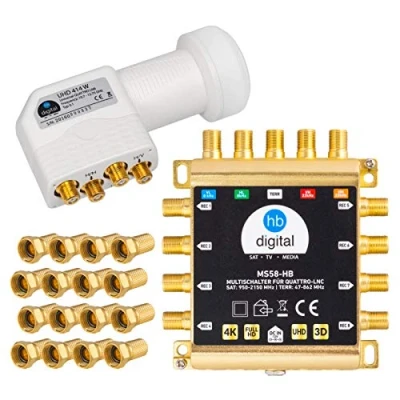 Immagine di HB DIGITAL DVB S / S2 Multiswitch 5/8 + Quattro LNB UHD 414 W bianco 24 connettori F dorati per 1 SAT, 8 ricevitori incl. Alimentatore di rete MS58 HDTV FullHD 4K