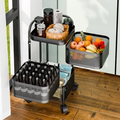 Immagine di loyliawa cesto di frutta per cucina, scaffale rotante 3/4/5 ripiani, quadrato con ruote a 360 gradi, ripiano in filo metallico e verdura coperchio superiore