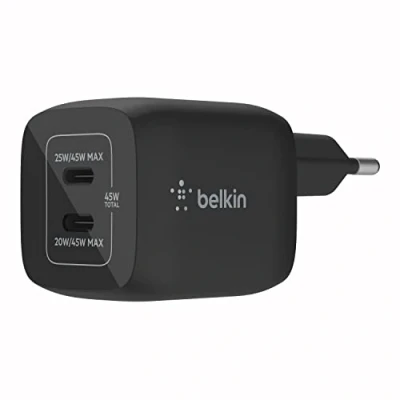 Immagine di Belkin Doppio caricabatteria da parete USB C 45 W, ricarica rapida PD 3.0, caricatore con tecnologia GaN per iPhone 16, 15, 14, 13, Pro, Pro Max, iPad, MacBook, Galaxy S24, S23, Tab e altri
