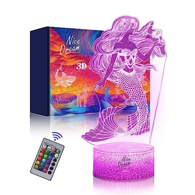Immagine di Nice Dream Luce Notturna a Sirena per Bambini, Lampada da Illusione 3D LED, Telecomando 16 Cambia Colore Dimmerabile, Regali di Natale Ragazze Ragazzi Arredamento Camera Letto
