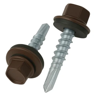 Immagine di 8 mm x 35 viti per tetti, testa esagonale autoperforanti colorate (RAL 8017 Marrone cioccolata) tetti con rondella di tenuta in EPDM, temprate zincate antiruggine (50 pezzi)
