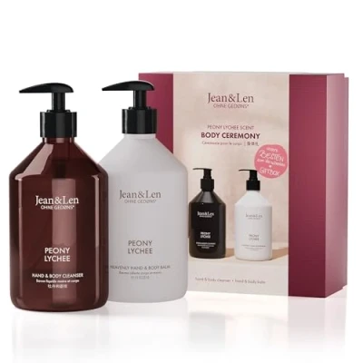 Immagine di Jean &amp; Len Body Ceremony Peony E Lychee Detergente Mani Corpo Trattamento Mani, Pregiata Confezione Per Un Regalo Vegano, Fragranza Delicatamente Floreale, Certificata FSC