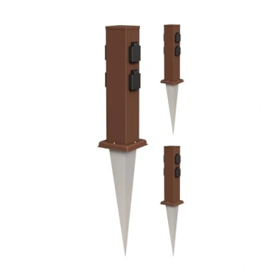 Immagine di ledscom.de 3 pezzi presa da giardino a colonna Polly con picchetto terra per esterni, IP44, 4 vie, acciaio inox, quadrato, marrone, 40cm