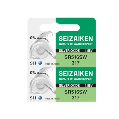 Immagine di Seizaiken Seiko 317 SR516SW Batteria per orologio all&#039;ossido di argento, 1,55 V, 0% Hg, 2 batterie, prodotta in Giappone