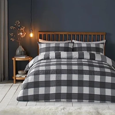 Immagine di Fusion Snug Set copripiumino in tessuto a quadretti spazzolato, per letto matrimoniale, colore: antracite
