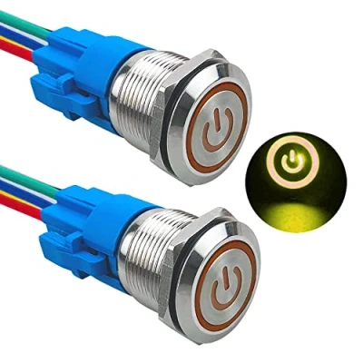 Immagine di Aiqeer 2 Pezzi 19 mm Interruttore a Pulsante Autobloccante, 12V / 24V 5A di Accensione per Auto, in Metallo con Presa Precablata (LED Giallo)