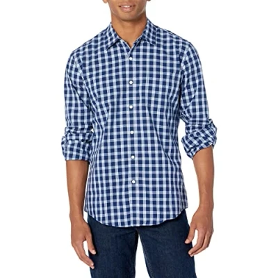 Immagine di Amazon Essentials Camicia in Popeline a Maniche Lunghe Slim Uomo, Blu Marino Bianco Motivo Scozzese, M