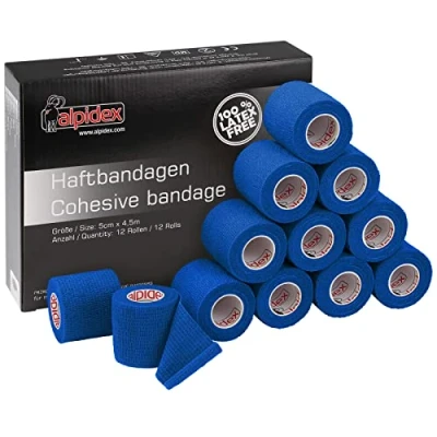 Immagine di ALPIDEX 12 Rotoli Benda Adesiva 5 cm x 4,5 m Molti Colori Bendaggio Coesivo Fasciatura Personi Animali Garza Elastica Autoadesivo Cavalli Cani Umani, Colore:blu