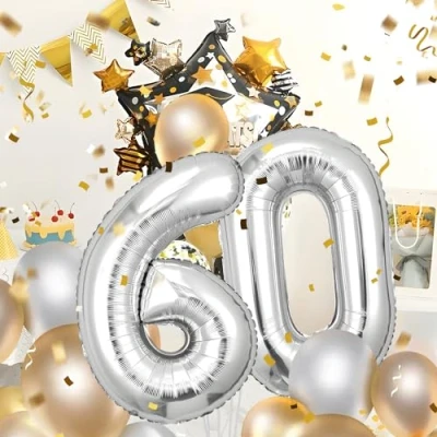 Immagine di Palloncini Compleanno 60 anni Argento 101 CM Palloncino Numero Gonfiabile in Foil Decorazioni di un uomo donna Vola con l&#039;Elio