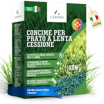 Immagine di LERAVA® Concime Per Prato a Lenta Cessione 3,6kg Fertilizzante con Azoto Rilascio Controllato fino 4 Mesi Primavera Potassio, Magnesio e Microelementi Prati Aree Verdi