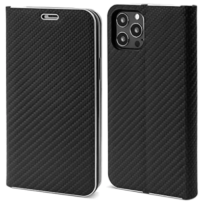 Immagine di Moozy Custodia a Libro per iPhone 13 Pro Max, Carbonio Nera Protezione dei Bordi Metallici Flip Cover Portafoglio con Appoggio e Porta Carte