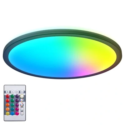 Immagine di B.K.Licht Plafoniera LED RGB, Pannello ultra piatto con cambio colore, Lampada da soffitto RGBW dimmerabile, illuminazione indiretta, telecomando, Rotonda, Nera