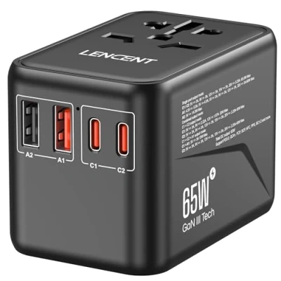 Immagine di LENCENT Adattatore da Viaggio Universale, GaN3 65W Caricatore Internazionale con 2 QC4.0 USB A+ PD3.0 C PPS a Ricarica Rapida, Presa AC in Tutto il Mondo, Spina di USA/UK/EU/AUS
